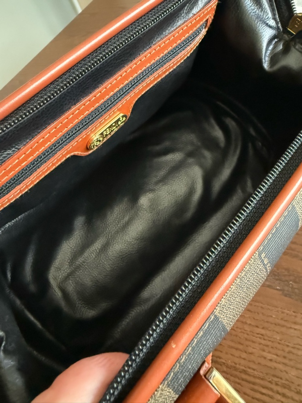 Fendi Brown and Black Striped Canvas Shoulder Bag with Tan Leather Trim - Picture 12 of 16